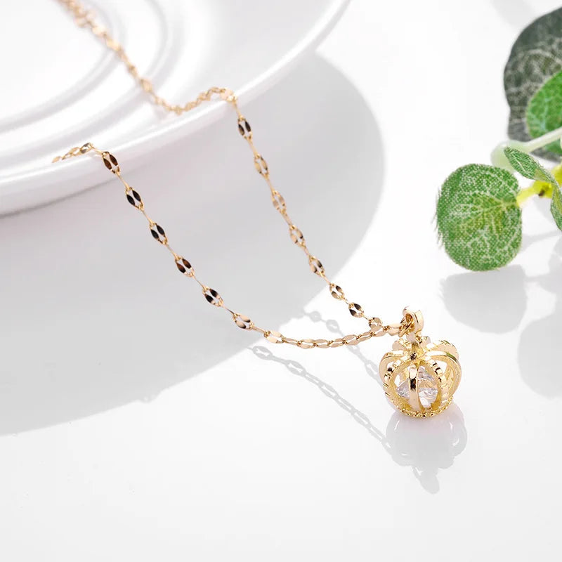 Sweet Zircon Crystal Pendant Necklace For Women Korean Fashion Stainless Steel Clavicle Chain Jewelry Female Wedding Accessories