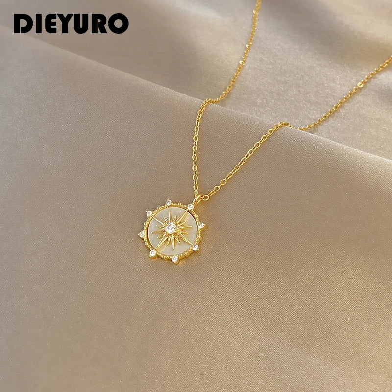 DIEYURO Stainless Steel Fashion Personality Geometric Zircon Necklace Shell Flower Pendant Hong Kong Style Clavicle Chain Gift