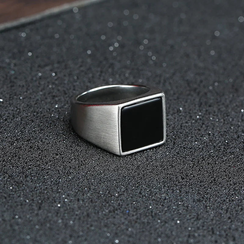 Vnox 12.5mm Signet Ring for Men, Black Square Top Stainless Steel Finger Band, Gothic Punk Rock Boy Stamp Rings