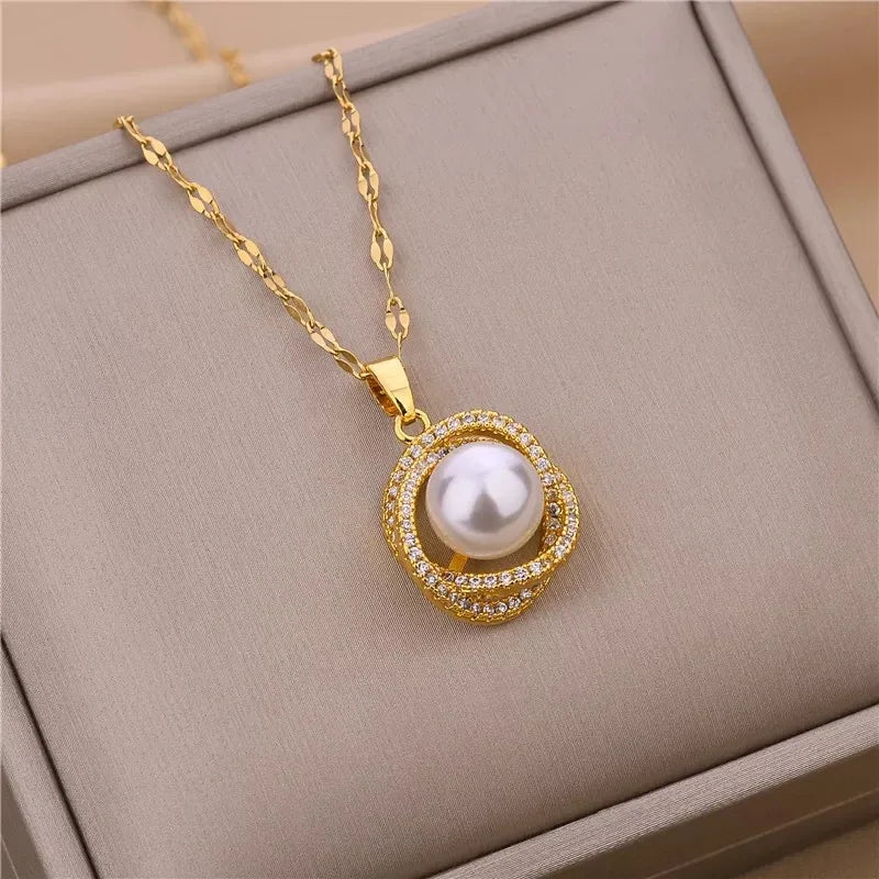 Sweet Zircon Crystal Pendant Necklace For Women Korean Fashion Stainless Steel Clavicle Chain Jewelry Female Wedding Accessories