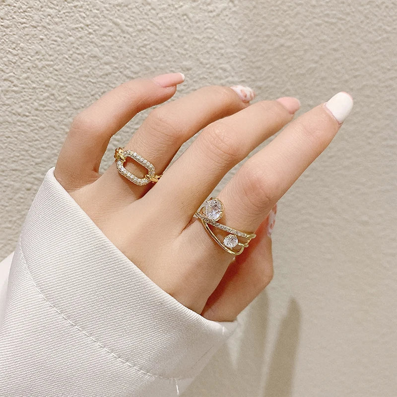 New Goth Hollow Out Square Metal Gold Color Zircon Open Ring For Woman Fashion Shining Jewelry Student Party Luxury Unusual Ring