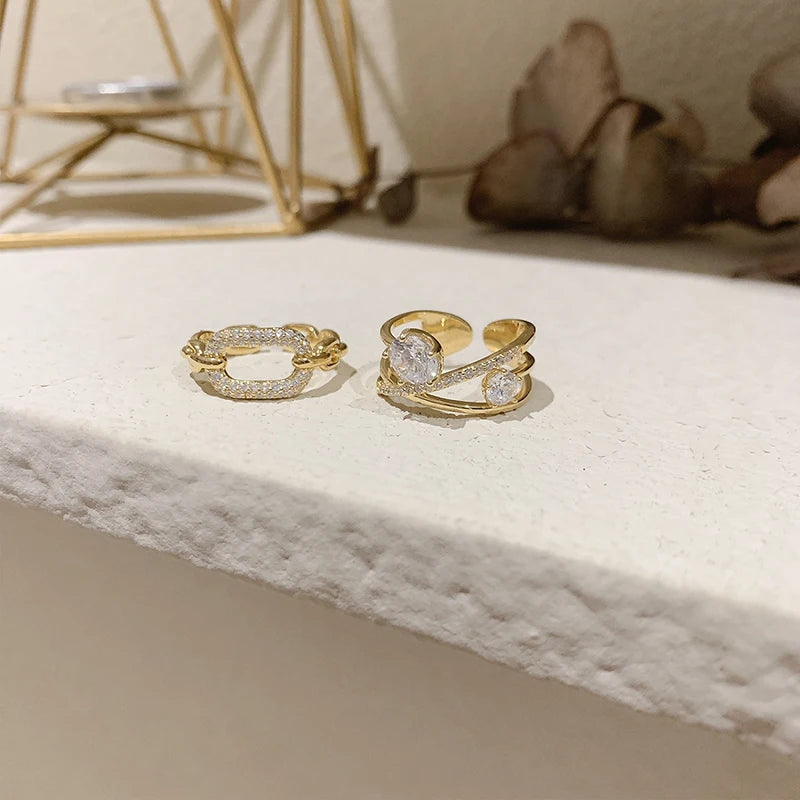 New Goth Hollow Out Square Metal Gold Color Zircon Open Ring For Woman Fashion Shining Jewelry Student Party Luxury Unusual Ring