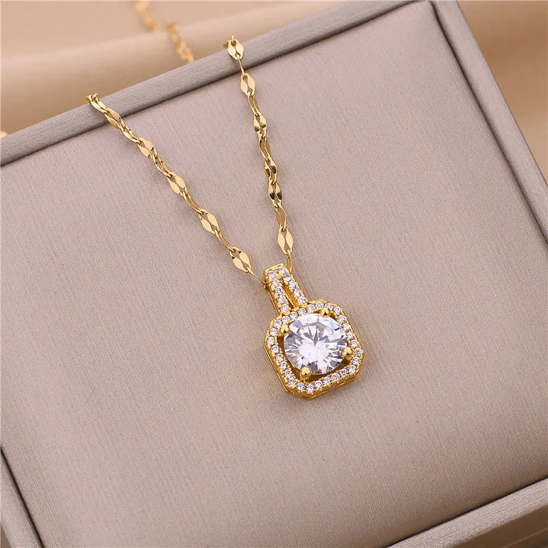 Sweet Zircon Crystal Pendant Necklace For Women Korean Fashion Stainless Steel Clavicle Chain Jewelry Female Wedding Accessories