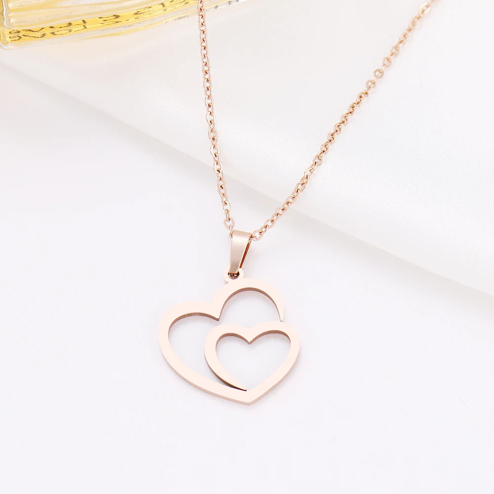 DOTIFI Stainless Steel Necklace For Women Man Hollow Double Heart Choker Pendant Charms Necklace Engagement Jewelry