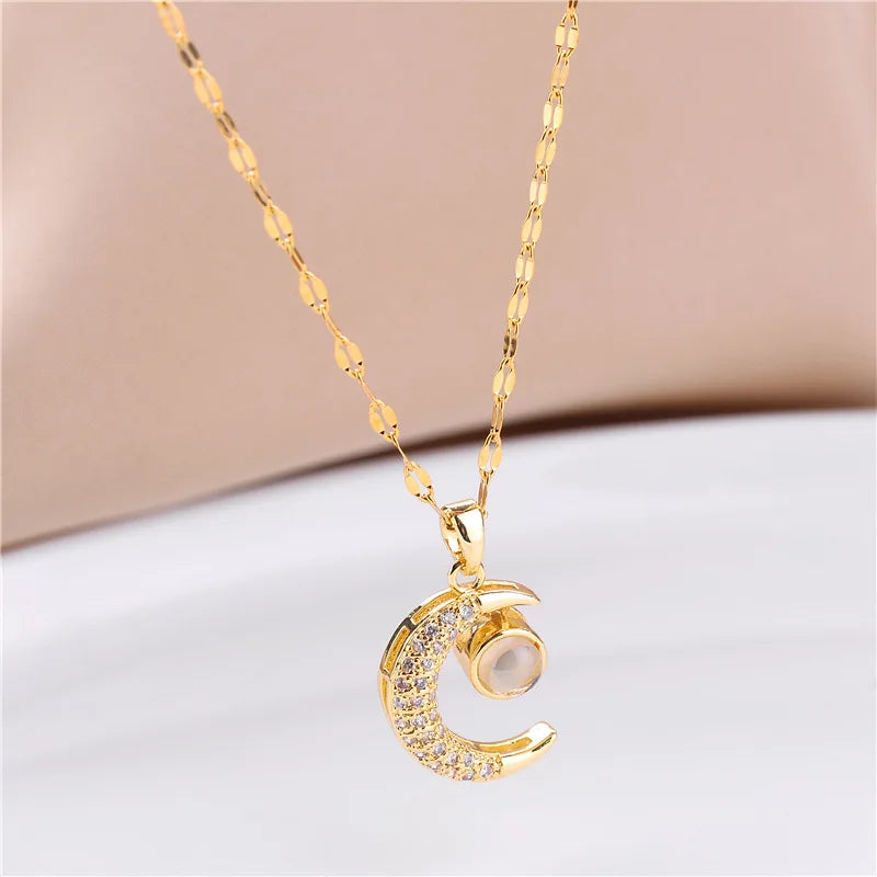 Sweet Zircon Crystal Pendant Necklace For Women Korean Fashion Stainless Steel Clavicle Chain Jewelry Female Wedding Accessories