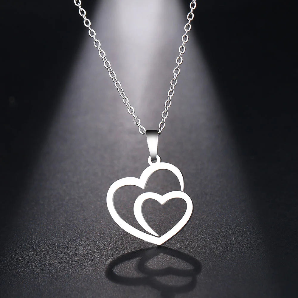 DOTIFI Stainless Steel Necklace For Women Man Hollow Double Heart Choker Pendant Charms Necklace Engagement Jewelry