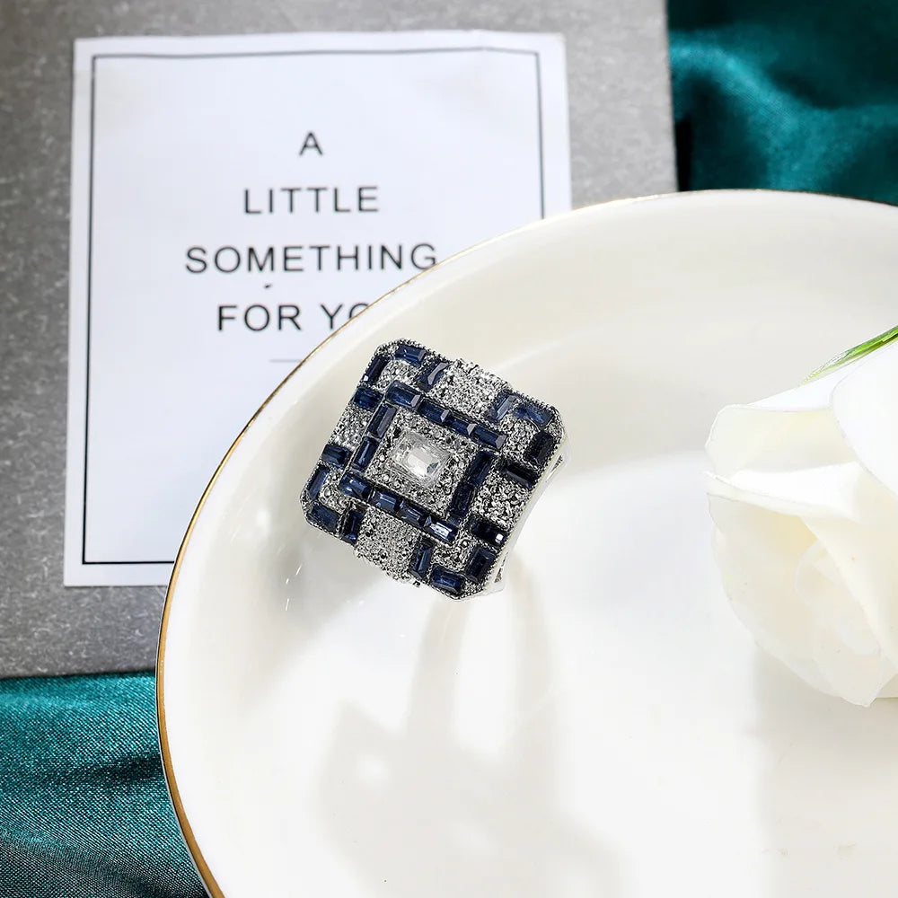 خواتم مربعة من الفضة عيار 925 بتصميم كلاسيكي مرصعة بحجر زركون أزرق وأبيض كبير من الدرجة AAA+، مناسبة للنساء، مجوهرات زفاف وخطوبة أنيقة، عرض خاص.