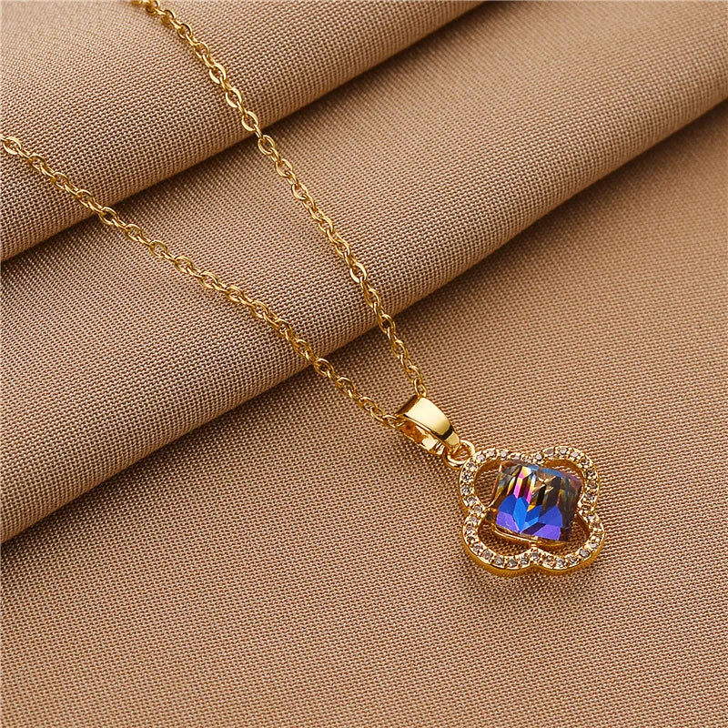 Sweet Zircon Crystal Pendant Necklace For Women Korean Fashion Stainless Steel Clavicle Chain Jewelry Female Wedding Accessories