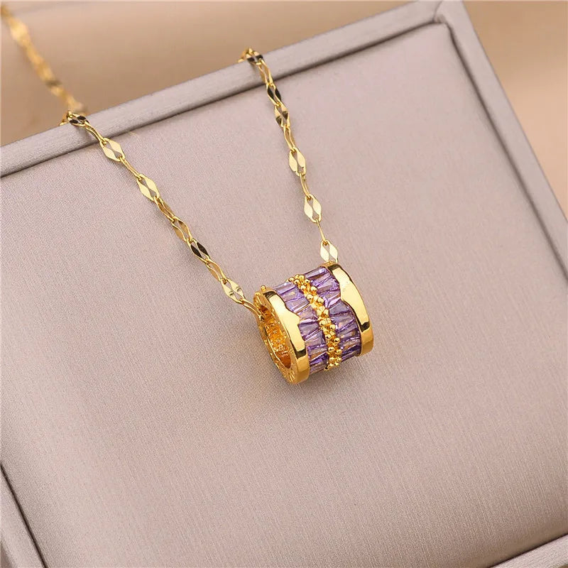 Sweet Zircon Crystal Pendant Necklace For Women Korean Fashion Stainless Steel Clavicle Chain Jewelry Female Wedding Accessories
