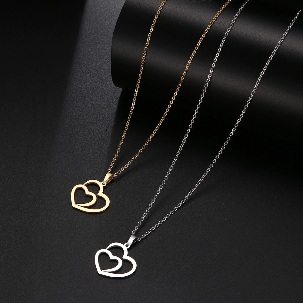 DOTIFI Stainless Steel Necklace For Women Man Hollow Double Heart Choker Pendant Charms Necklace Engagement Jewelry