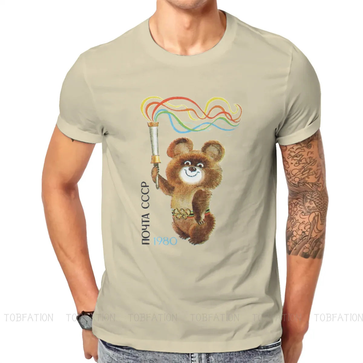 تي شيرت ميشا الدب من اتحاد الجمهوريات الاشتراكية السوفياتية، تي شيرت عتيق عالي الجودة، مقاس كبير، رقبة دائرية، ملابس رجالية
