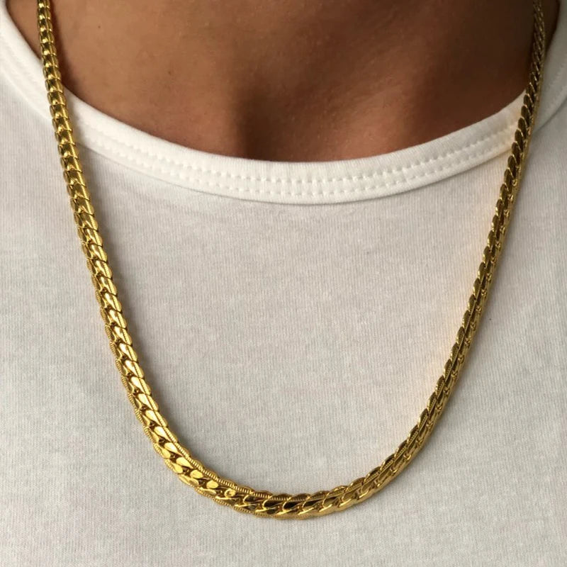 Punk 4/7mm Embossing Flat Snake Chain Necklace Gold/Silver Color Stainless Steel Chains For Men Women Fashion Jewelry 18"-29"