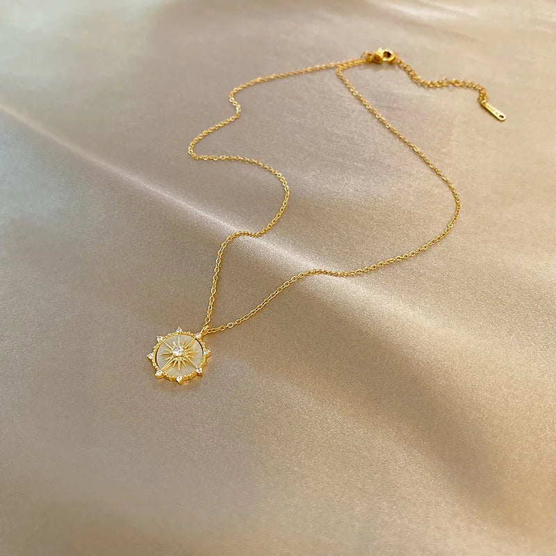 DIEYURO Stainless Steel Fashion Personality Geometric Zircon Necklace Shell Flower Pendant Hong Kong Style Clavicle Chain Gift