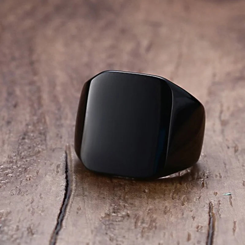 Vnox 12.5mm Signet Ring for Men, Black Square Top Stainless Steel Finger Band, Gothic Punk Rock Boy Stamp Rings