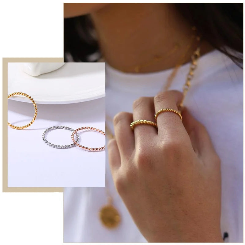 خاتم أنيق رفيع بتصميم حبل ملتوي للنساء، خاتم زفاف معدني من الفولاذ المقاوم للصدأ، خاتم أنيق وبسيط بتصميم كلاسيكي جديد للحفلات