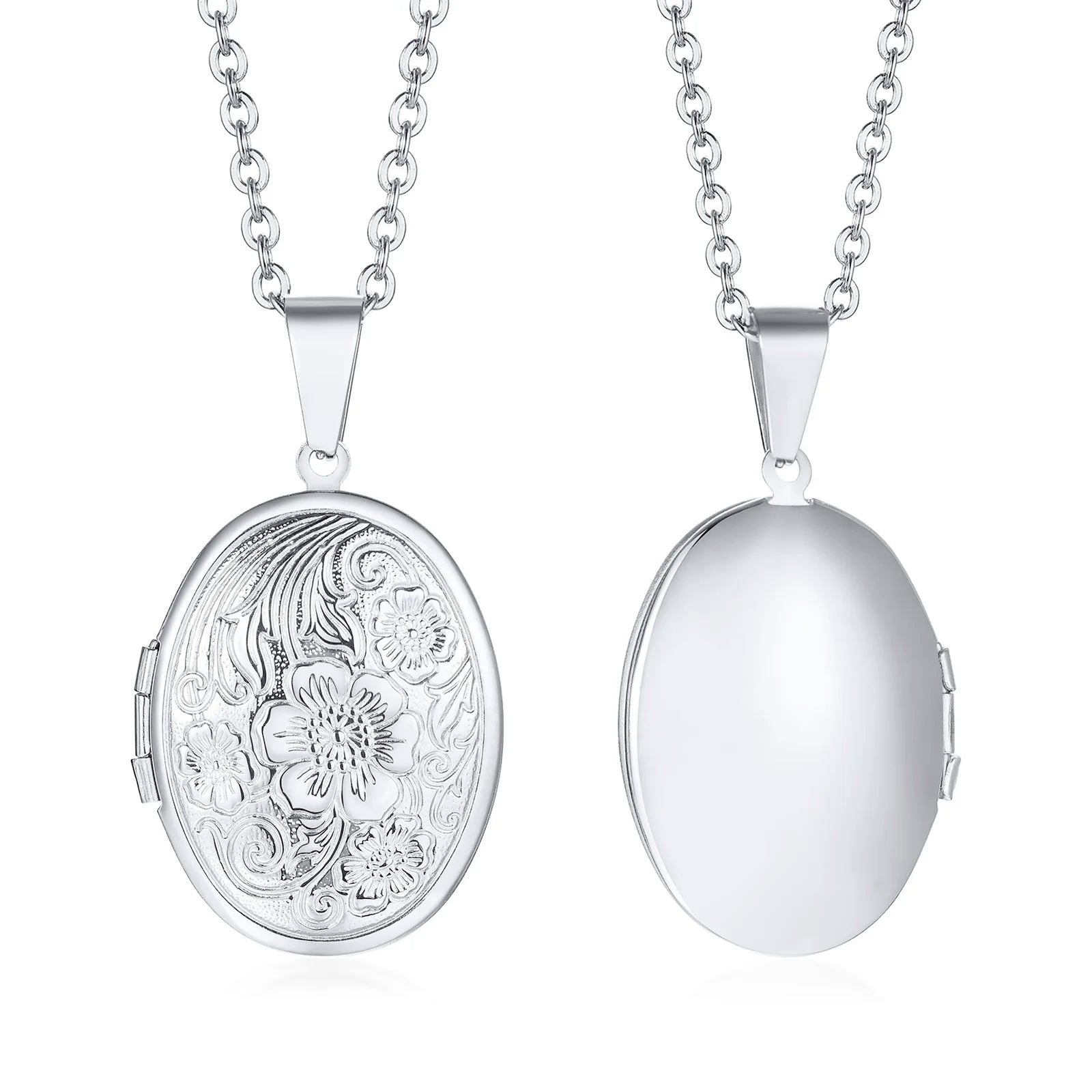 Delicate Floral Oval Heart Locket Pendant Necklaces for Women,Stainless Steel Photo Frame Promise Love Keepsake Gift