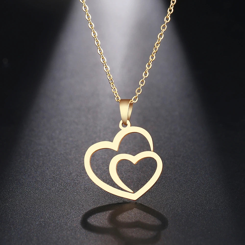 DOTIFI Stainless Steel Necklace For Women Man Hollow Double Heart Choker Pendant Charms Necklace Engagement Jewelry