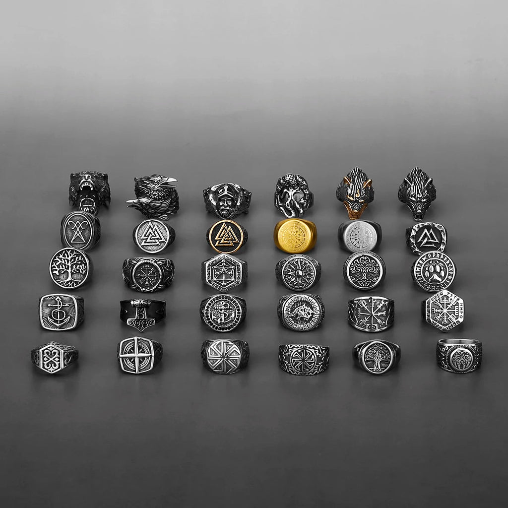خاتم فايكنج نورديك من الفولاذ المقاوم للصدأ مرساة بوصلة شجرة الحياة فايكنج رون الذئب خاتم للرجال والنساء مصنع مجوهرات بالجملة