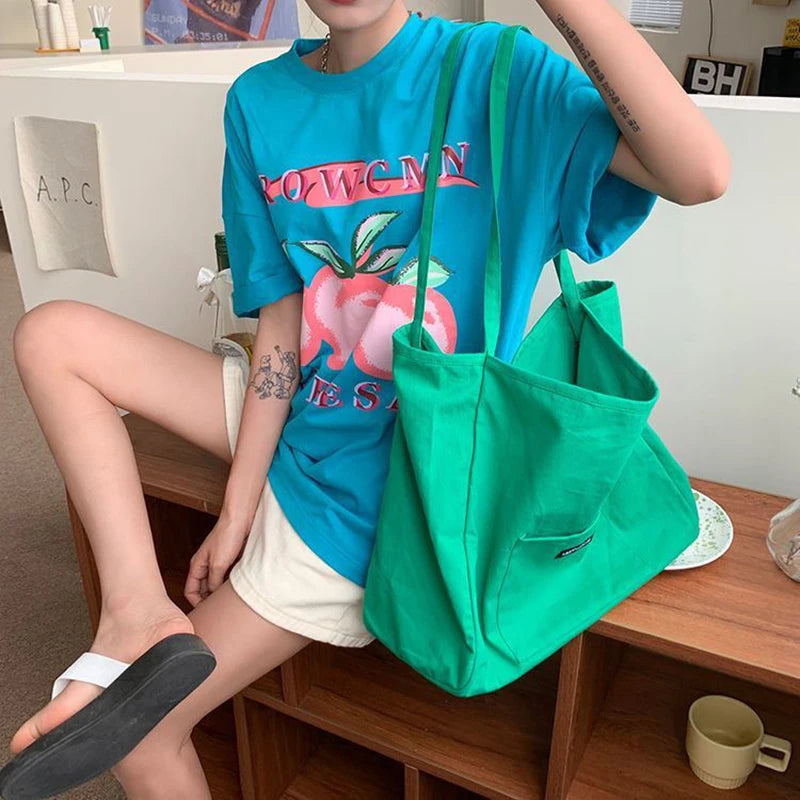 Canvas Bag High Quality Reusable Shopping Shoulder Bag Women Simple Casual Daily Use Handbag Totes Female Portable Folding Purse