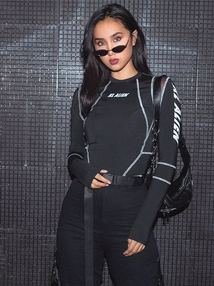 Sylcue Mesh Colorblock Half Turtleneck Bottoming Shirt Letter Print Topstitching Long Sleeve T-Shirt All-match One Piece Women