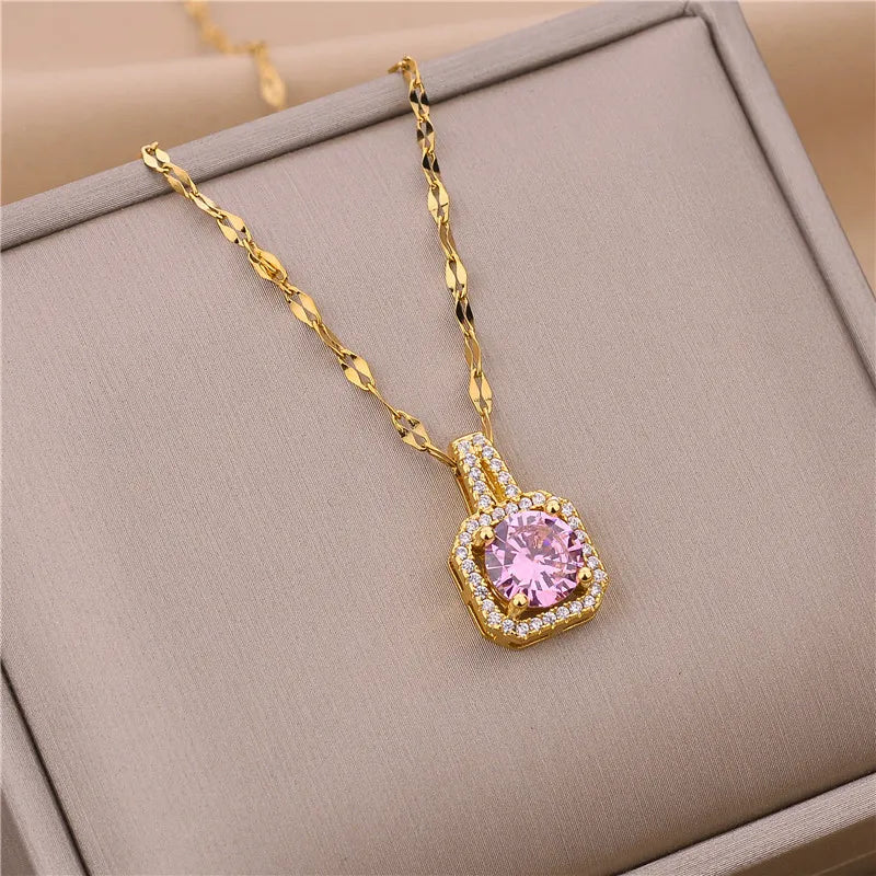 Sweet Zircon Crystal Pendant Necklace For Women Korean Fashion Stainless Steel Clavicle Chain Jewelry Female Wedding Accessories