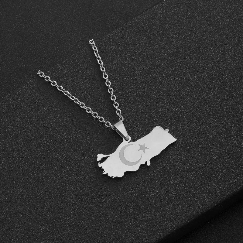 قلادة على شكل خريطة عرقية تركية من الفولاذ المقاوم للصدأ باللون الذهبي والفضي للرجال والنساء مجوهرات خريطة الدولة التركية هدية