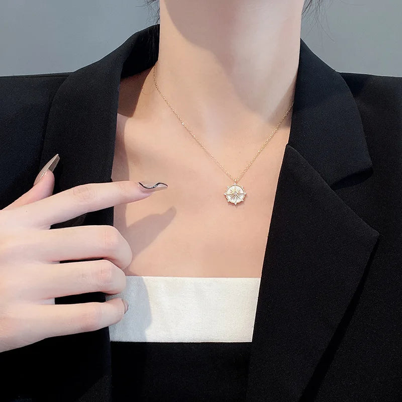 DIEYURO Stainless Steel Fashion Personality Geometric Zircon Necklace Shell Flower Pendant Hong Kong Style Clavicle Chain Gift