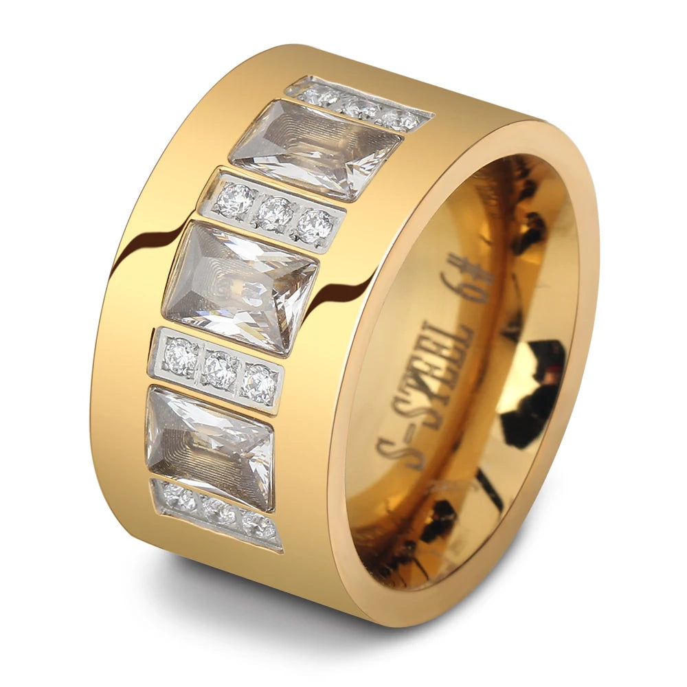 VQYSKO Fashion Women Crystal Rings Wholesale Yellow Gold Color Stainless Steel Wedding Rings For Women Party Jewelry