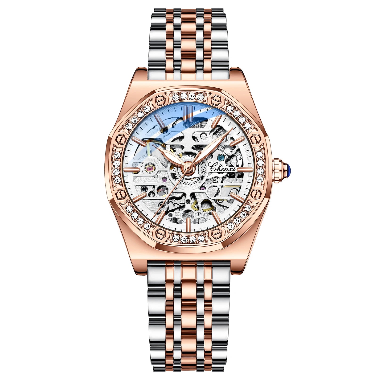 ساعة CHENXI النسائية الميكانيكية الأوتوماتيكية الجديدة من العلامة التجارية الفاخرة الأنيقة للسيدات باللون الذهبي الوردي والفولاذ المقاوم للصدأ وساعات اليد المقاومة للماء