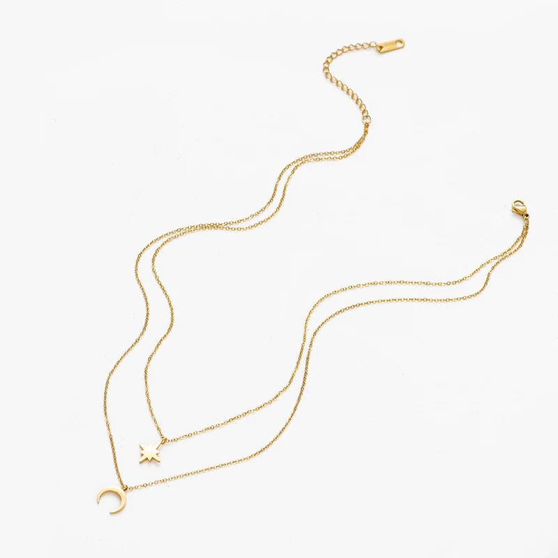 قلادة متعددة الطبقات على شكل نجمة قمرية للنساء والفتيات، قلادات كنزة مطلية بالذهب، مصنوعة من الفولاذ المقاوم للصدأ، مجوهرات عصرية، هدية