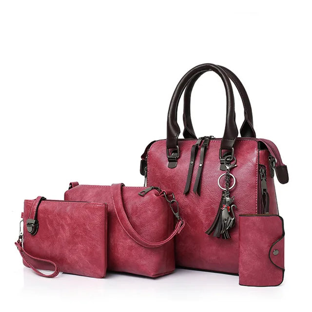 حقيبة نسائية فاخرة من الجلد بتصميم مركب ومزينة بشراشيب، حقائب يد من ماركات شهيرة، حقيبة كتف نسائية بمقبض علوي، 4 قطع/مجموعة