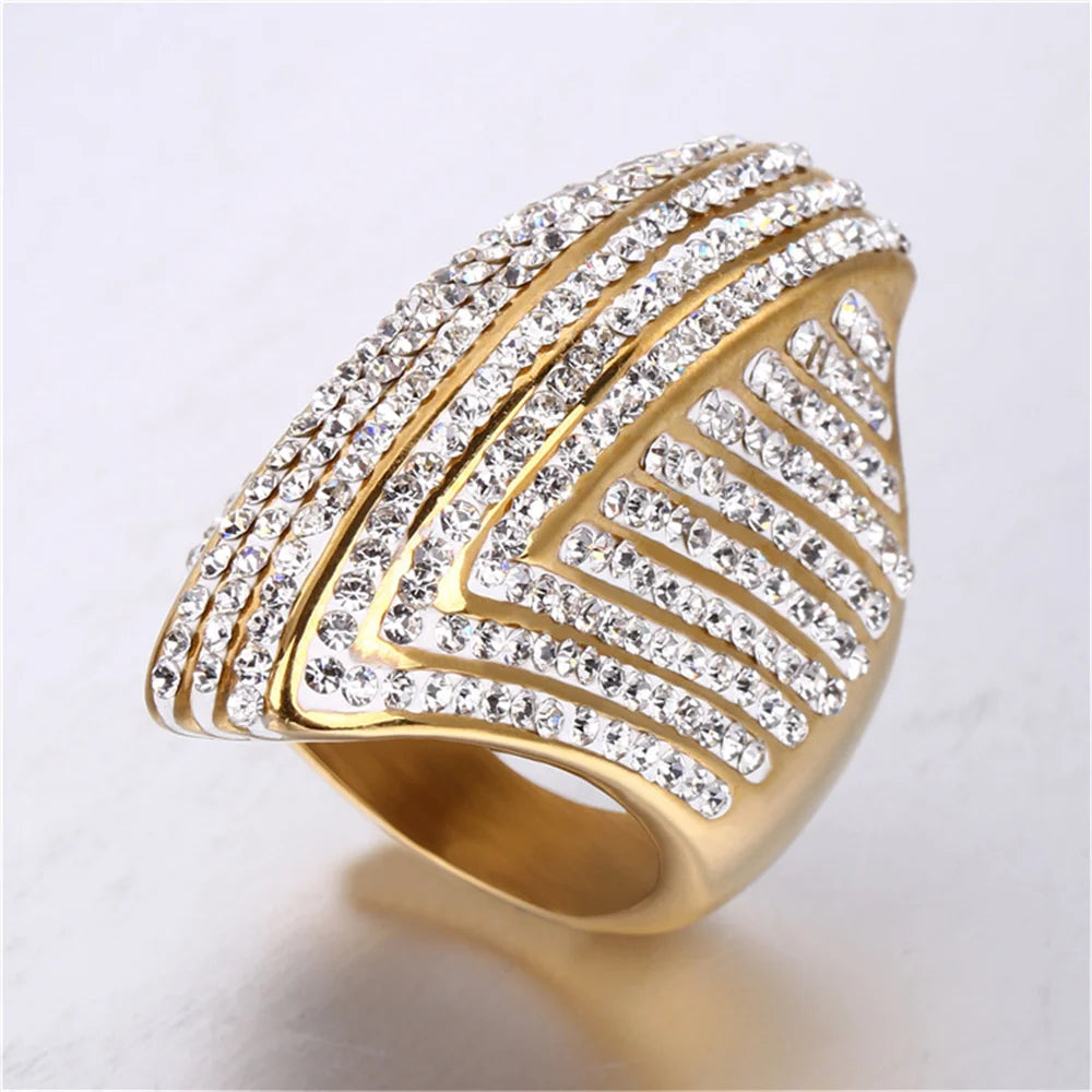 Hip Hop Iced Out Bling Big Oval Ring Female Gold Color Stainless Steel Cocktail Rings For Women Party Jewelry High Quality