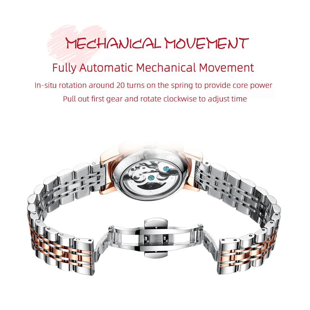 ساعة CHENXI النسائية الميكانيكية الأوتوماتيكية الجديدة من العلامة التجارية الفاخرة الأنيقة للسيدات باللون الذهبي الوردي والفولاذ المقاوم للصدأ وساعات اليد المقاومة للماء