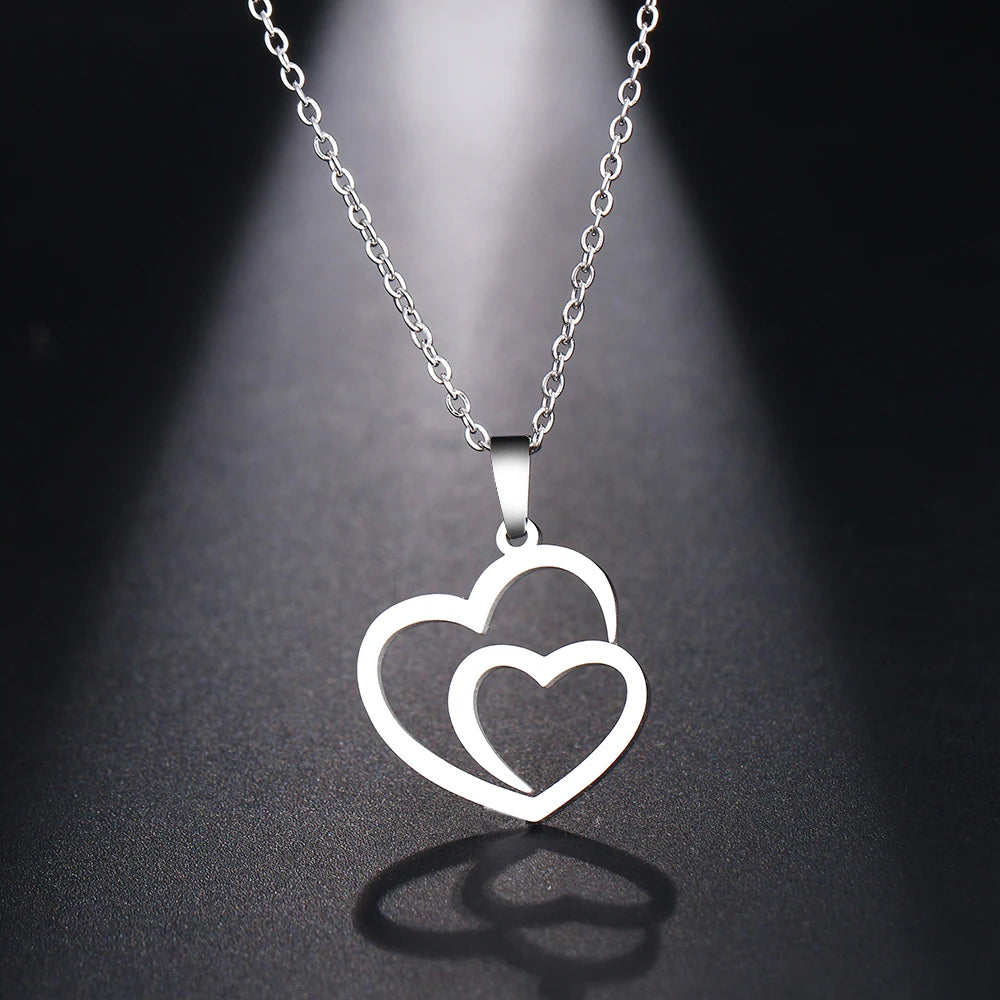 DOTIFI Stainless Steel Necklace For Women Man Hollow Double Heart Choker Pendant Charms Necklace Engagement Jewelry