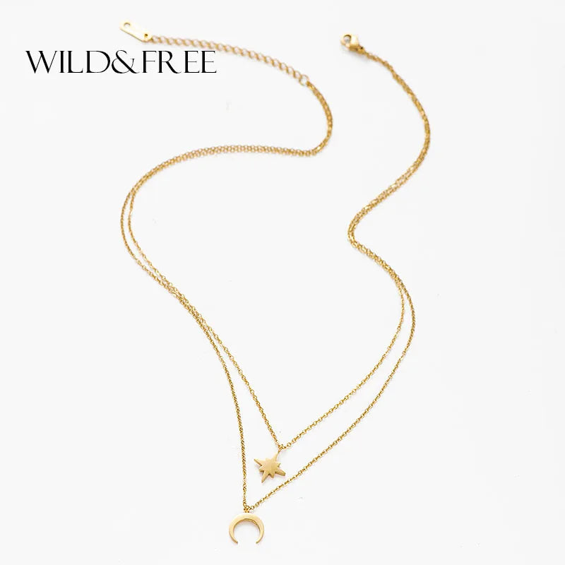 قلادة متعددة الطبقات على شكل نجمة قمرية للنساء والفتيات، قلادات كنزة مطلية بالذهب، مصنوعة من الفولاذ المقاوم للصدأ، مجوهرات عصرية، هدية