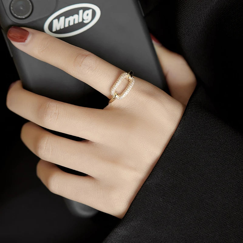 New Goth Hollow Out Square Metal Gold Color Zircon Open Ring For Woman Fashion Shining Jewelry Student Party Luxury Unusual Ring