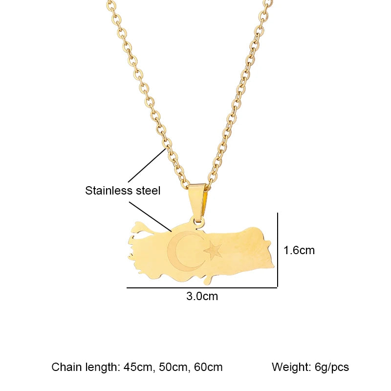 قلادة على شكل خريطة عرقية تركية من الفولاذ المقاوم للصدأ باللون الذهبي والفضي للرجال والنساء مجوهرات خريطة الدولة التركية هدية