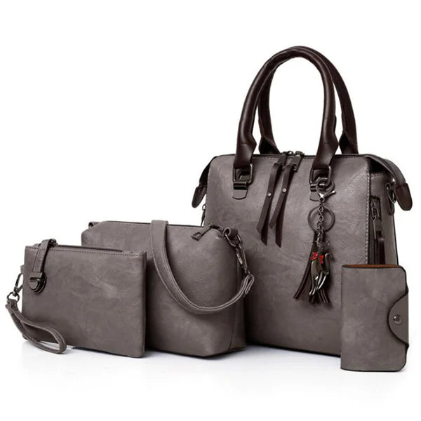 حقيبة نسائية فاخرة من الجلد بتصميم مركب ومزينة بشراشيب، حقائب يد من ماركات شهيرة، حقيبة كتف نسائية بمقبض علوي، 4 قطع/مجموعة