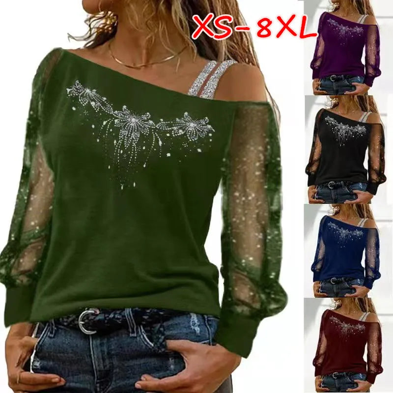 بلوزة دانتيل XS-8XL نسائية مثيرة بأكمام طويلة وياقة مائلة وأكتاف مكشوفة وقمصان علوية مرقعة كاجوال أنيقة للخريف بلوزات ماسية