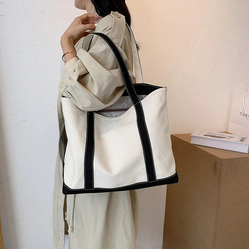 حقيبة قماشية بسيطة، حقيبة يد نسائية، حقيبة كتف بسحاب، حقيبة تسوق مربعة كبيرة الحجم بحزام مخطط، تصميم عصري لعام 2022