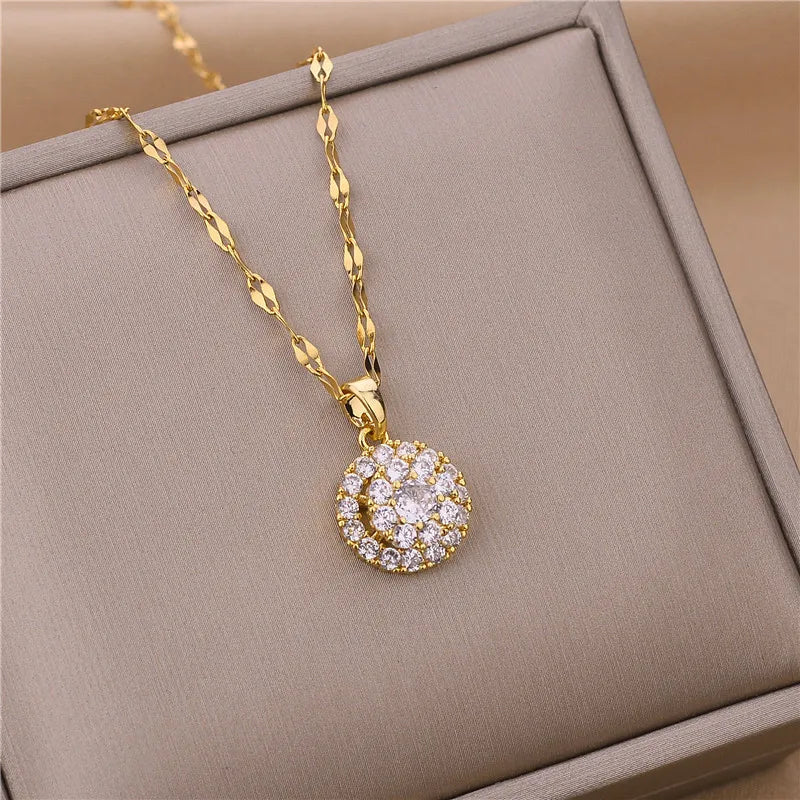 Sweet Zircon Crystal Pendant Necklace For Women Korean Fashion Stainless Steel Clavicle Chain Jewelry Female Wedding Accessories