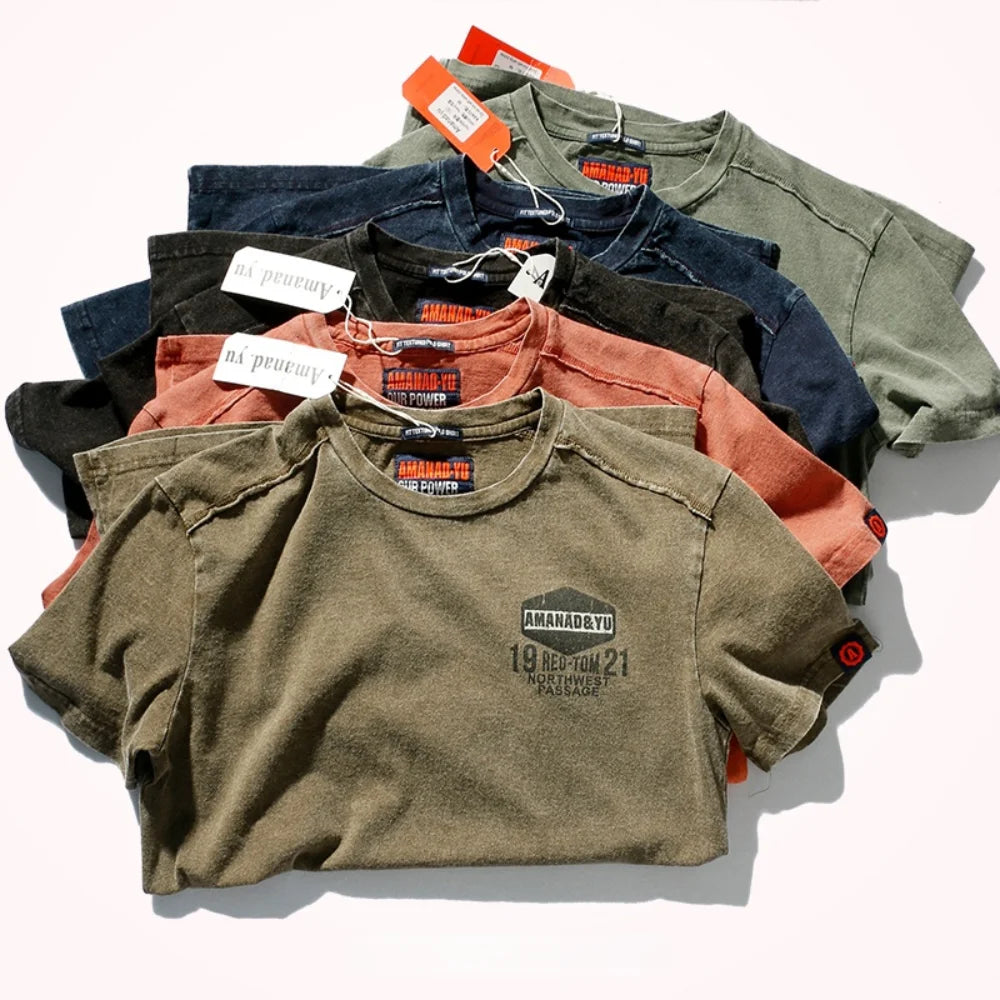 تي شيرت صيفي جديد بأكمام قصيرة ورقبة مستديرة وطول متوسط ​​من القطن الخالص للرجال