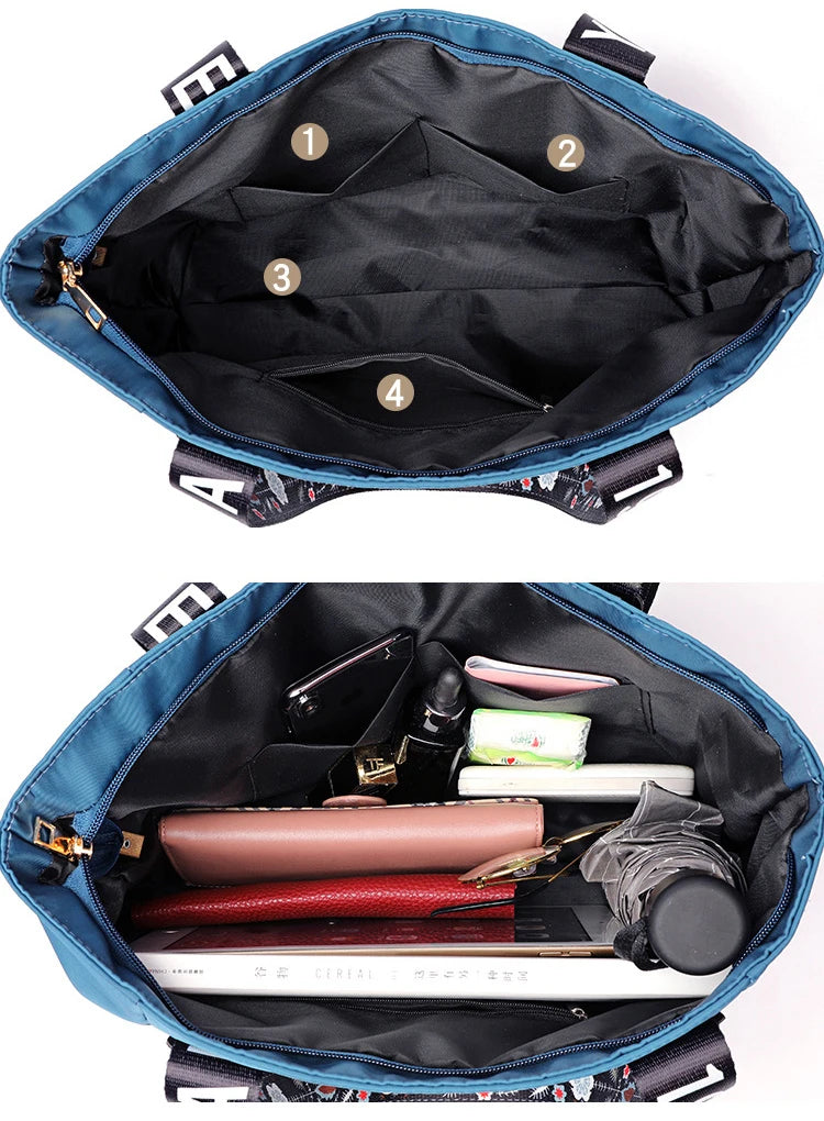 حقيبة يد نسائية مطرزة جديدة لعام 2024، حقيبة تسوق كاجوال مقاومة للماء من النايلون، حقيبة كتف نسائية كبيرة السعة