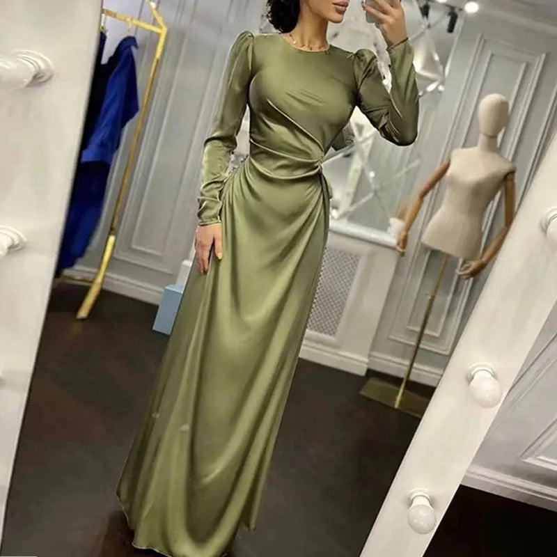 Elegant Women Solid Bodycon Party Dress Autumn Long Sleeve Sexy Slim Fit Dress Femme Robe Solid Round Neck Ladies Long Dress