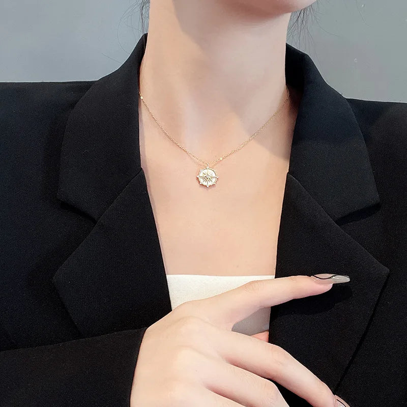 DIEYURO Stainless Steel Fashion Personality Geometric Zircon Necklace Shell Flower Pendant Hong Kong Style Clavicle Chain Gift