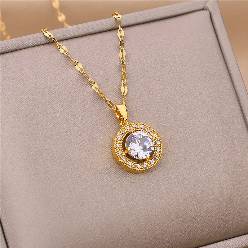 Sweet Zircon Crystal Pendant Necklace For Women Korean Fashion Stainless Steel Clavicle Chain Jewelry Female Wedding Accessories