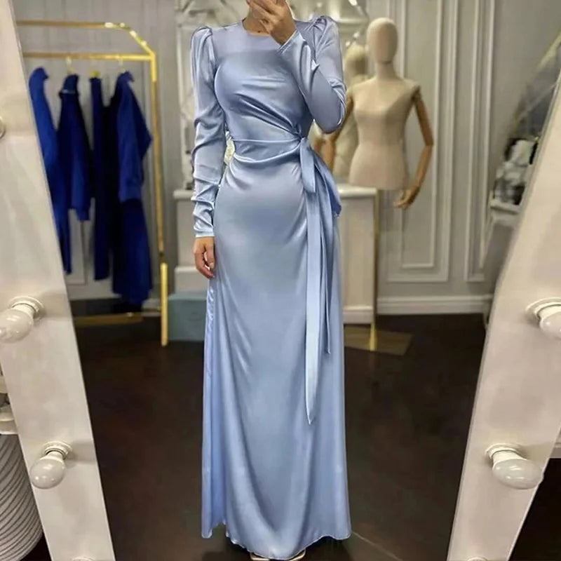 Elegant Women Solid Bodycon Party Dress Autumn Long Sleeve Sexy Slim Fit Dress Femme Robe Solid Round Neck Ladies Long Dress