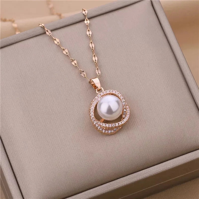Sweet Zircon Crystal Pendant Necklace For Women Korean Fashion Stainless Steel Clavicle Chain Jewelry Female Wedding Accessories