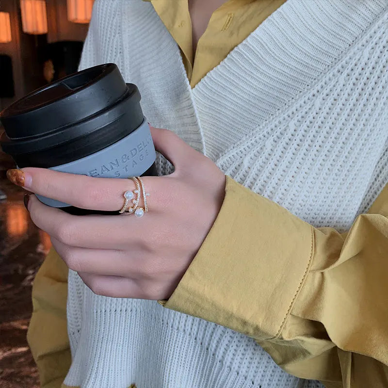 خاتم فاخر ورائع بثلاث طبقات من اللؤلؤ الذهبي قابل للتعديل، مجوهرات نسائية، أزياء كورية، إكسسوارات مميزة للفتيات