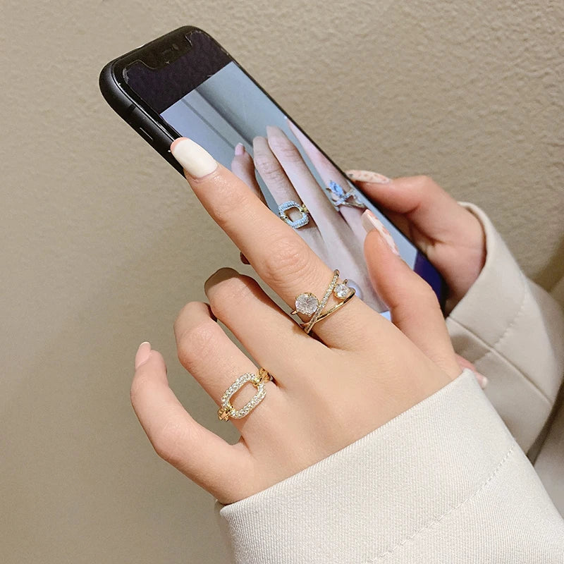 New Goth Hollow Out Square Metal Gold Color Zircon Open Ring For Woman Fashion Shining Jewelry Student Party Luxury Unusual Ring